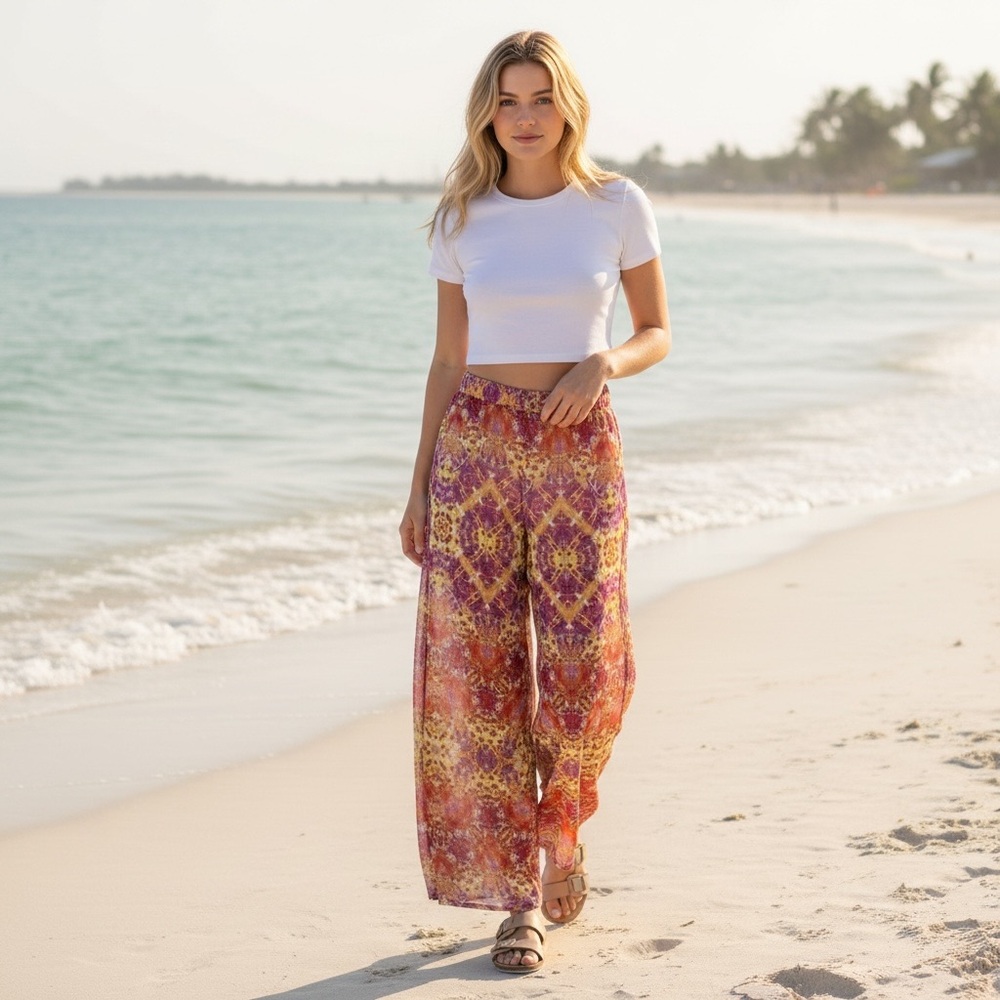 Bisou Bisou Wide Leg Sheer Breezy Multicolor Draw String Pockets Pants Womens XL